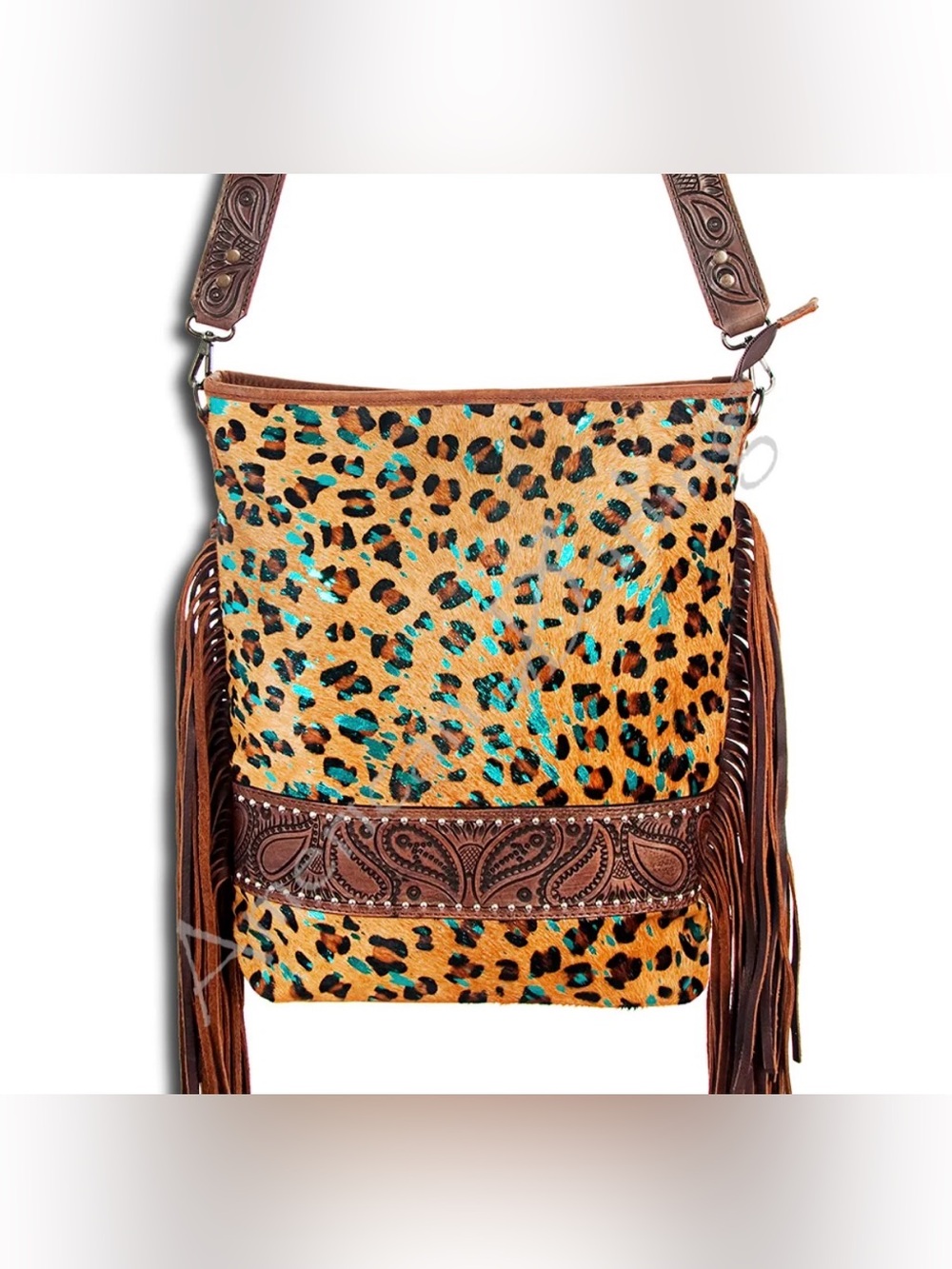 Western Bag Leopard Print Fringe Crossbody Bag in Tan and Turquoise